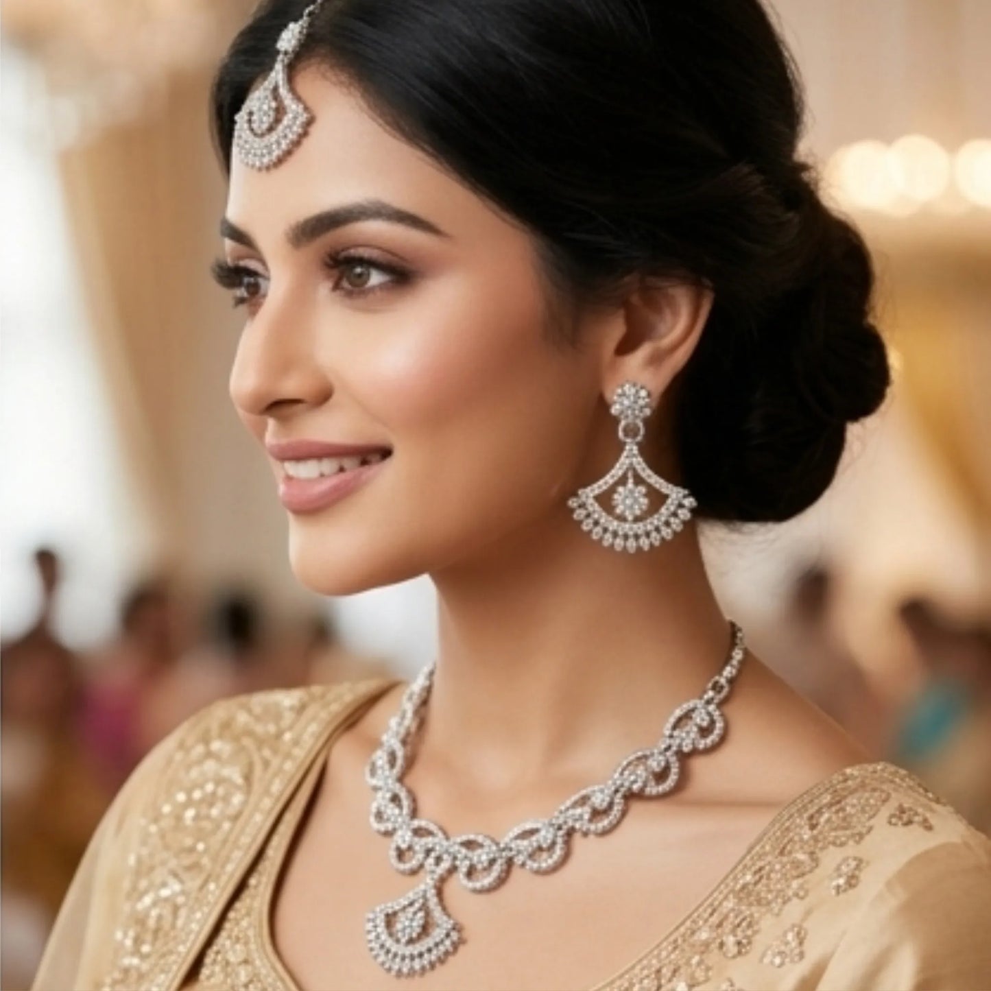 Stone Necklace Set with Earrings & Maang Tikka – Gold & Silver Options