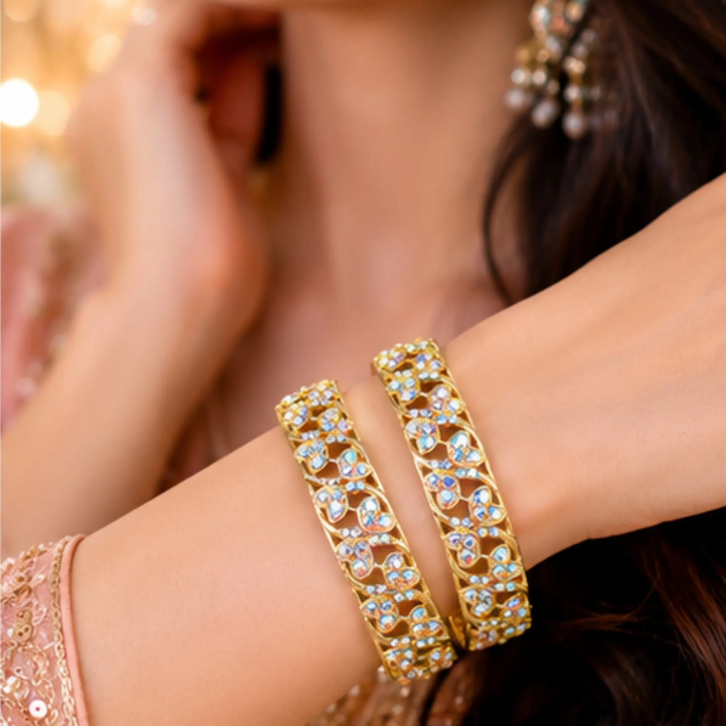 Butterfly Pattern Stone Kada Bangles (Pair) – Elegant Gold-Tone Traditional Wear