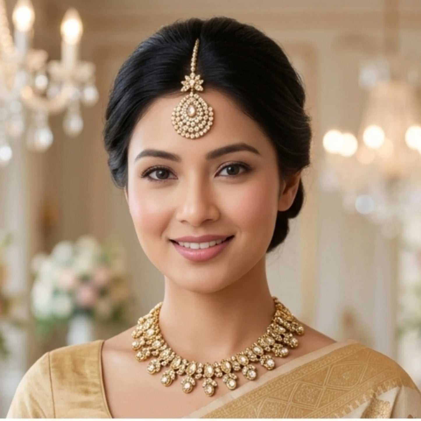 Gold stone chain with earrings and maang tikka