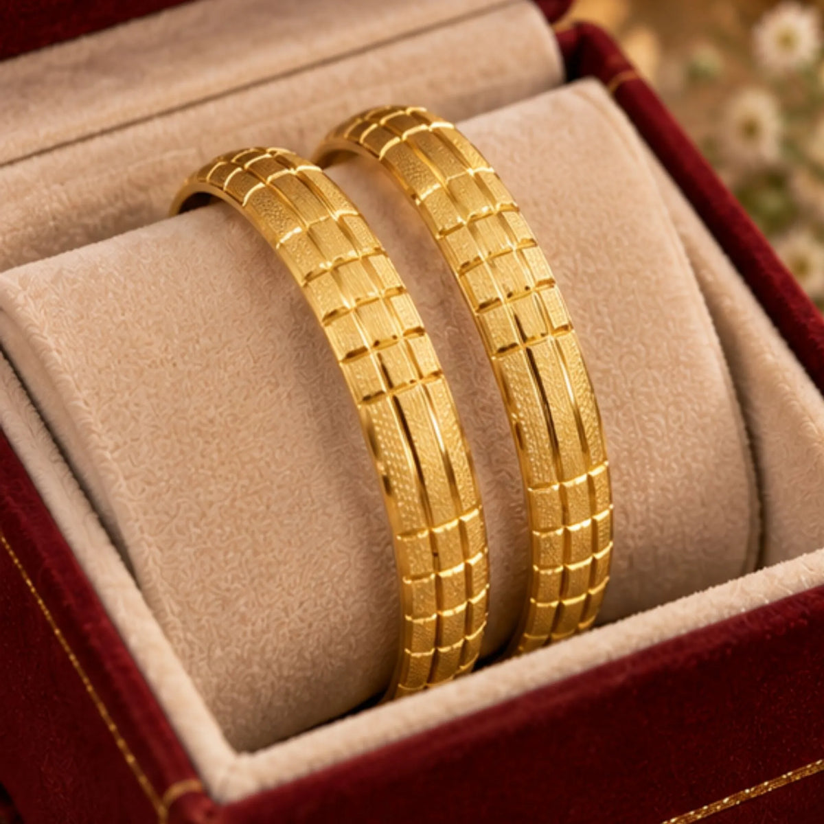 Gold-Tone Textured Grid Design Bangles Set – Elegant Geometric Traditional Indian Jewellery