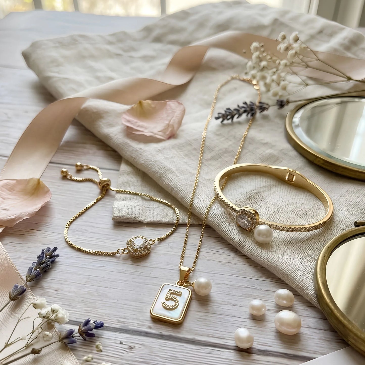 Kids' Gold Pearl Jewellery Gift Set – Necklace, Crystal Bracelet & Pearl Bangle
