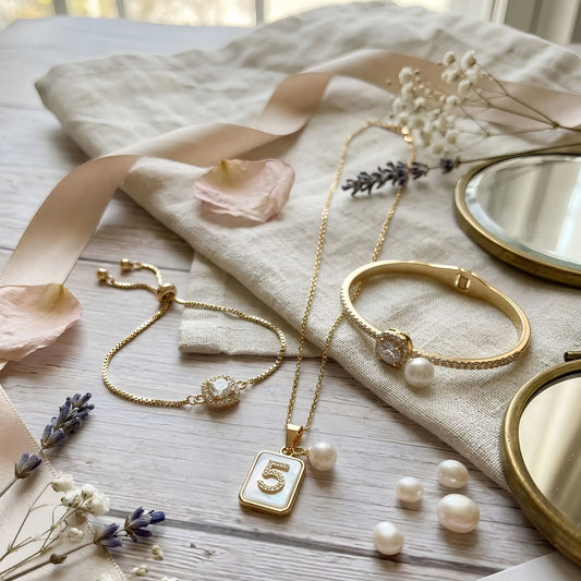 Kids' Gold Pearl Jewellery Gift Set – Necklace, Crystal Bracelet & Pearl Bangle