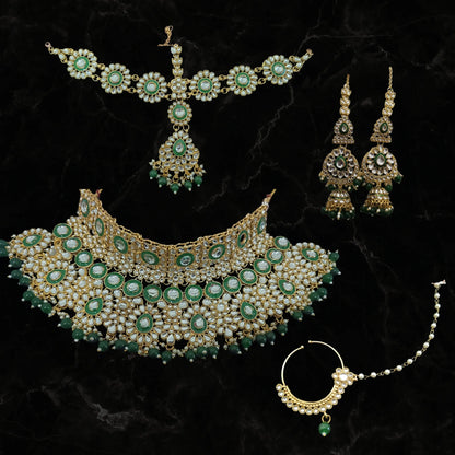 Emerald Royale Indian Bridal Jewellery Set – Necklace, Maatha Patti, Earrings & Nath
