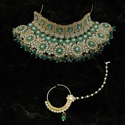 Emerald Royale Indian Bridal Jewellery Set – Necklace, Maatha Patti, Earrings & Nath