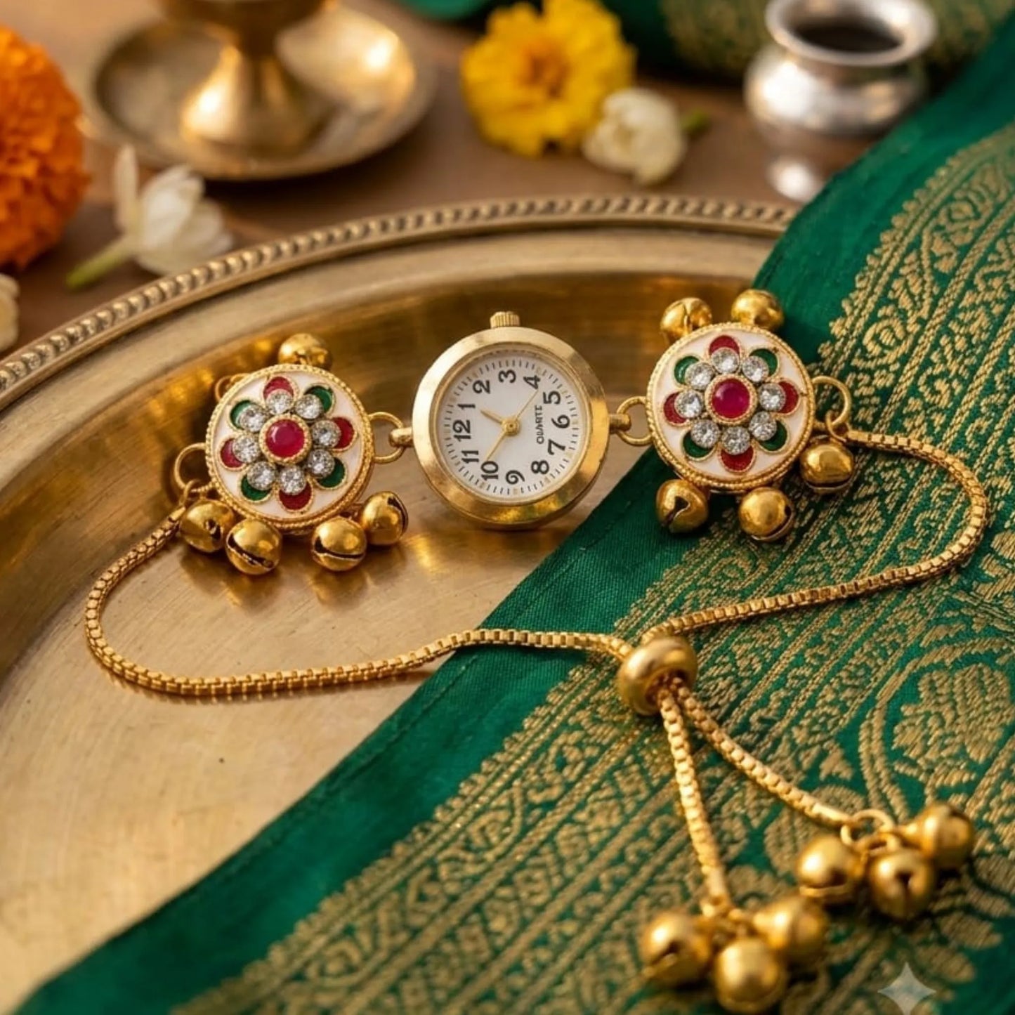 Multicolour Kundan Floral Bracelet Watch for Women