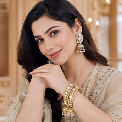 Textured Gold Kada Bangles with Hanging Jhumki Charms (Pair) – Regal Ethnic Statement Wear