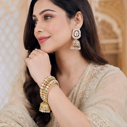Textured Gold Kada Bangles with Hanging Jhumki Charms (Pair) – Regal Ethnic Statement Wear