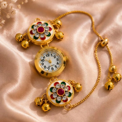 Multicolour Kundan Floral Bracelet Watch for Women