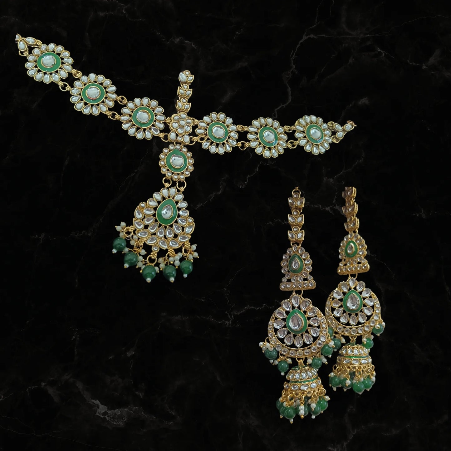 Emerald Royale Indian Bridal Jewellery Set – Necklace, Maatha Patti, Earrings & Nath