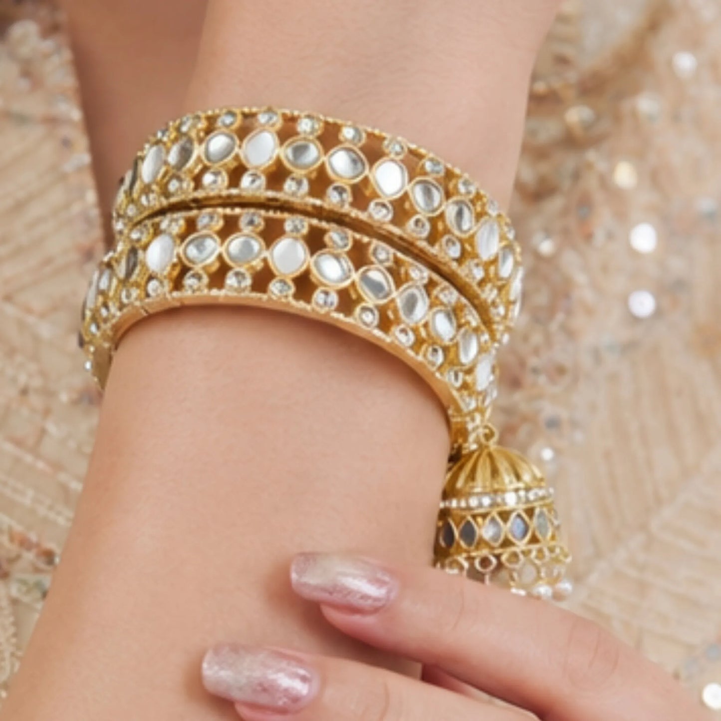 Textured Gold Kada Bangles with Hanging Jhumki Charms (Pair) – Regal Ethnic Statement Wear
