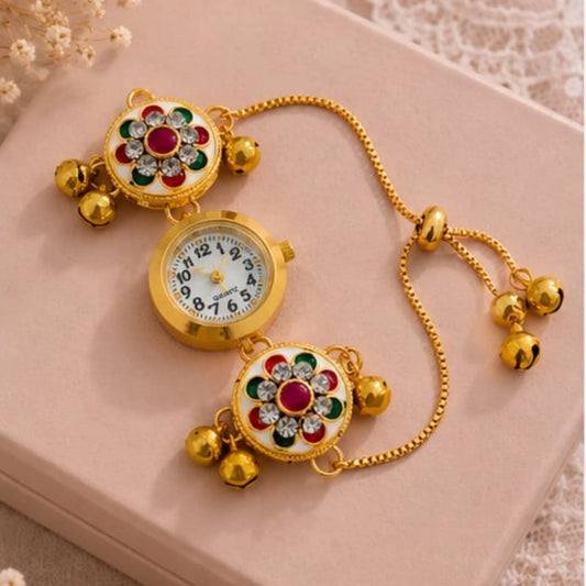 Multicolour Kundan Floral Bracelet Watch for Women