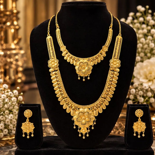 Gold Floral Double Necklace Set