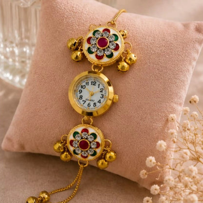 Multicolour Kundan Floral Bracelet Watch for Women