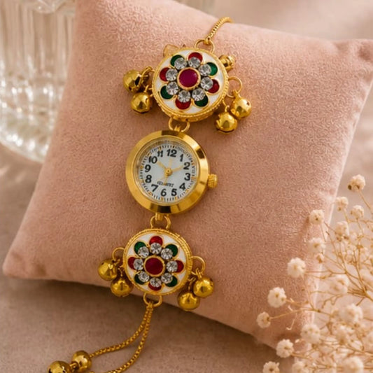 Multicolour Kundan Floral Bracelet Watch for Women