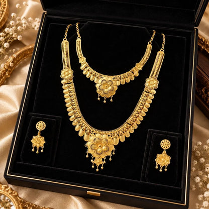 Gold Floral Double Necklace Set