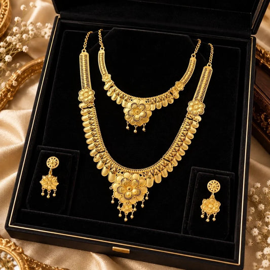Gold Floral Double Necklace Set