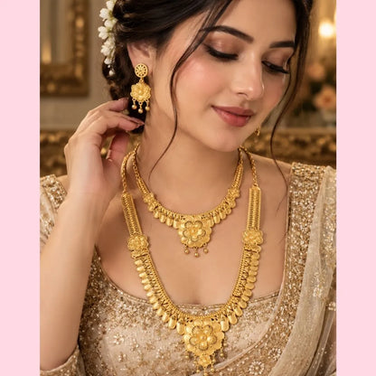 Gold Floral Double Necklace Set