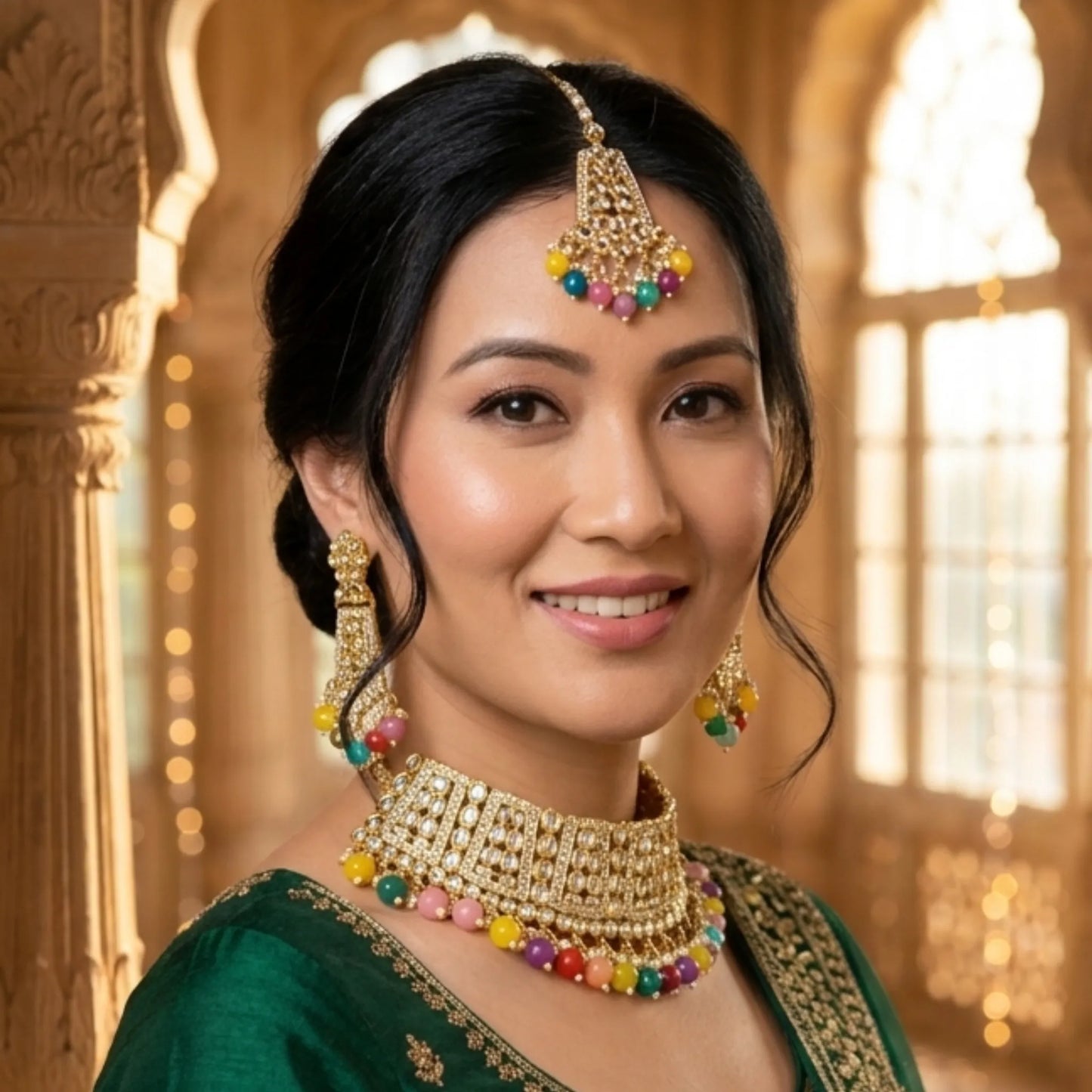 Multicolor Stone Choker Necklace Set with Earrings & Maang Tikka