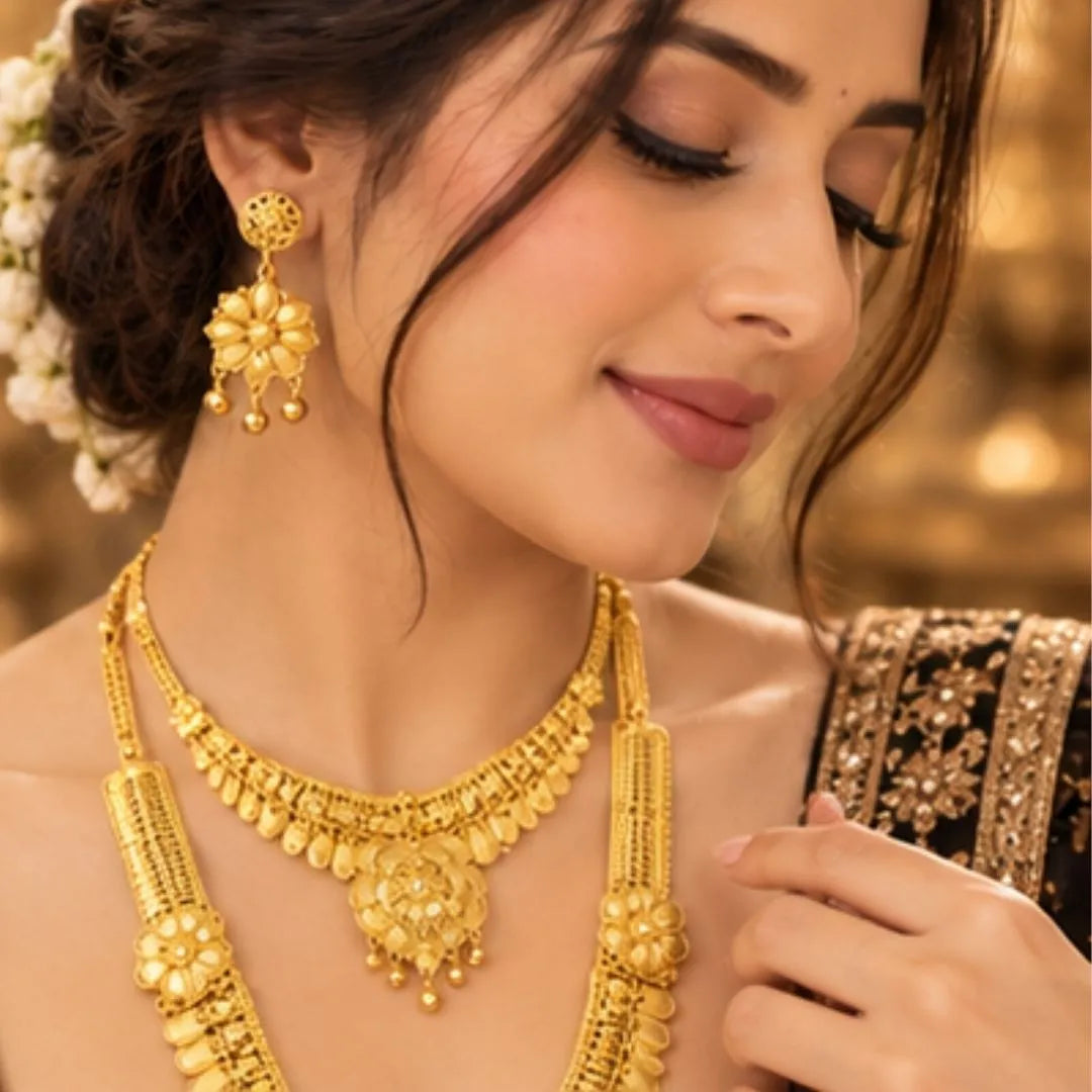 Gold Floral Double Necklace Set