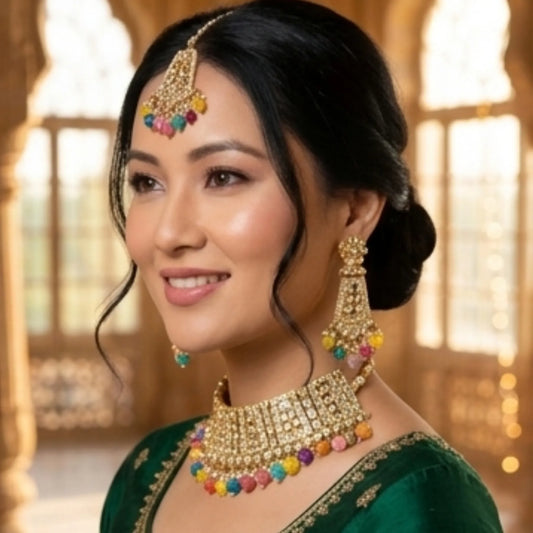 Multicolor Stone Choker Necklace Set with Earrings & Maang Tikka