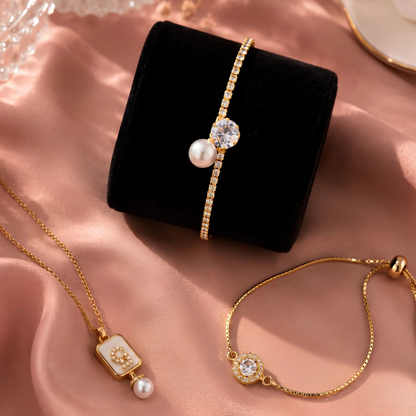 Kids' Gold Pearl Jewellery Gift Set – Necklace, Crystal Bracelet & Pearl Bangle