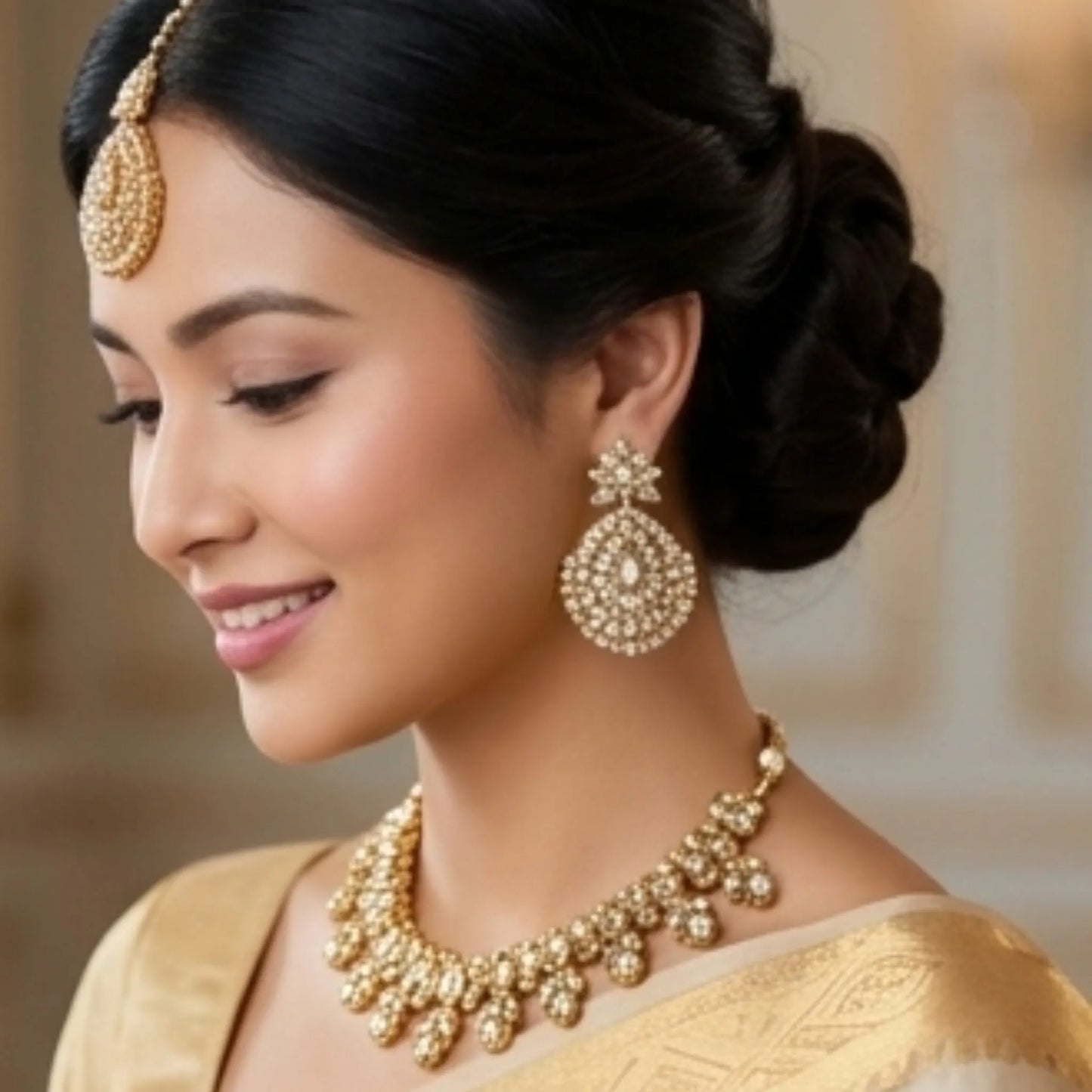 Gold stone chain with earrings and maang tikka