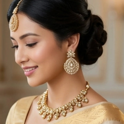 Gold stone chain with earrings and maang tikka
