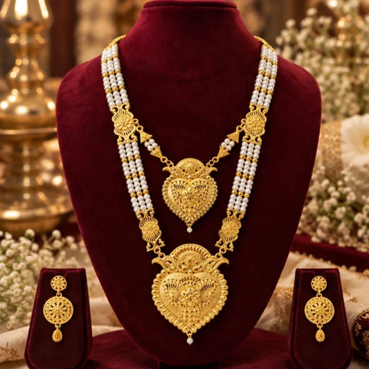 Gold & Pearl Heart Double Necklace Set