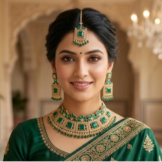 Green Emerald Stone Choker Necklace Set with Earrings & Maang Tikka