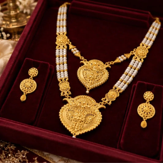 Gold & Pearl Heart Double Necklace Set
