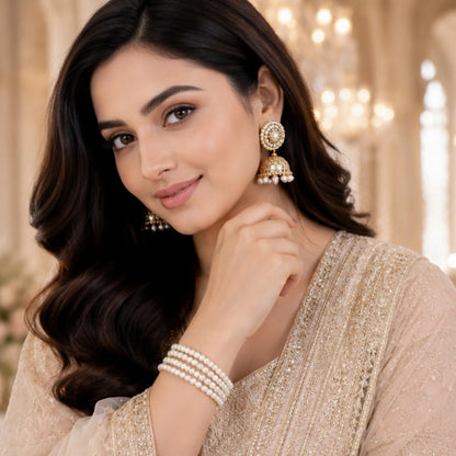 Classic White Pearl Bangles (Set of 4) – Graceful Gold-Tone Traditional Elegance