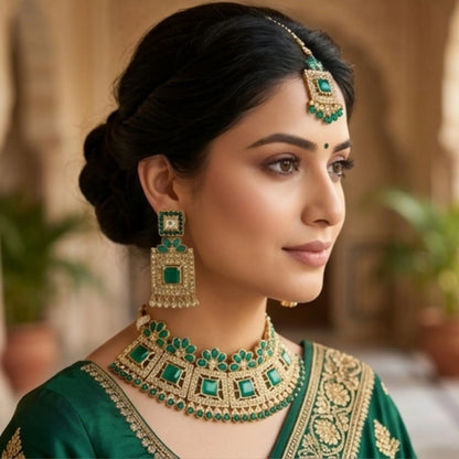 Green Emerald Stone Choker Necklace Set with Earrings & Maang Tikka