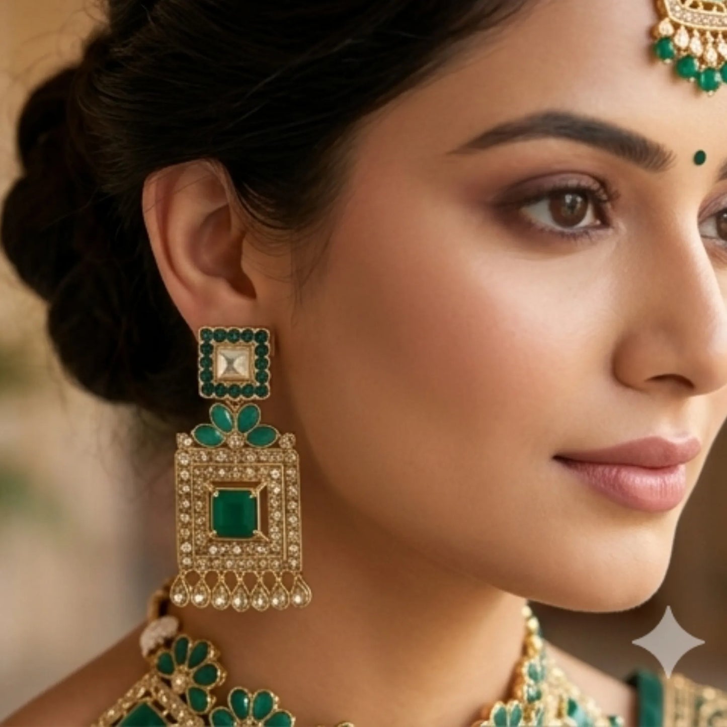 Green Emerald Stone Choker Necklace Set with Earrings & Maang Tikka