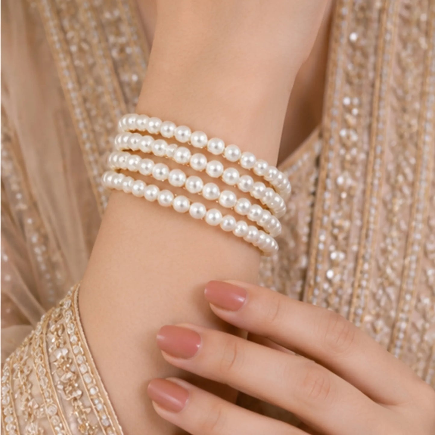 Classic White Pearl Bangles (Set of 4) – Graceful Gold-Tone Traditional Elegance