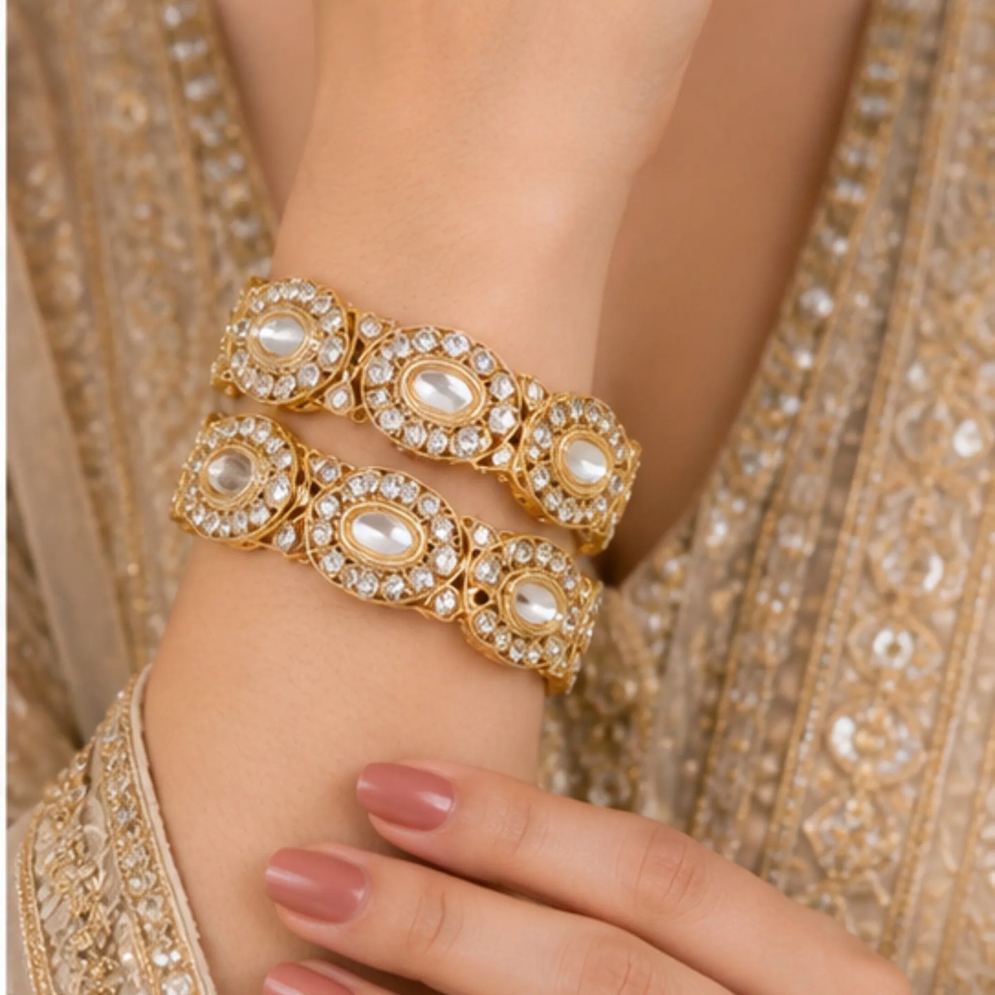 Elegant Gold-Tone Stone Kada Bangles (Pair) – Traditional Party Wear
