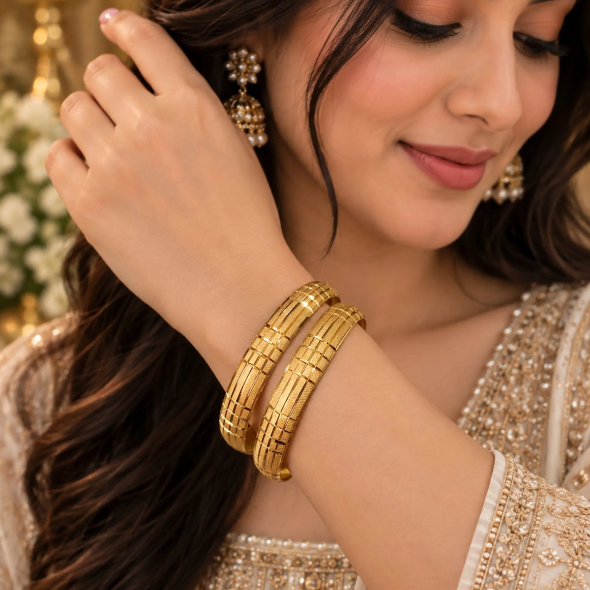 Gold-Tone Textured Grid Design Bangles Set – Elegant Geometric Traditional Indian Jewellery