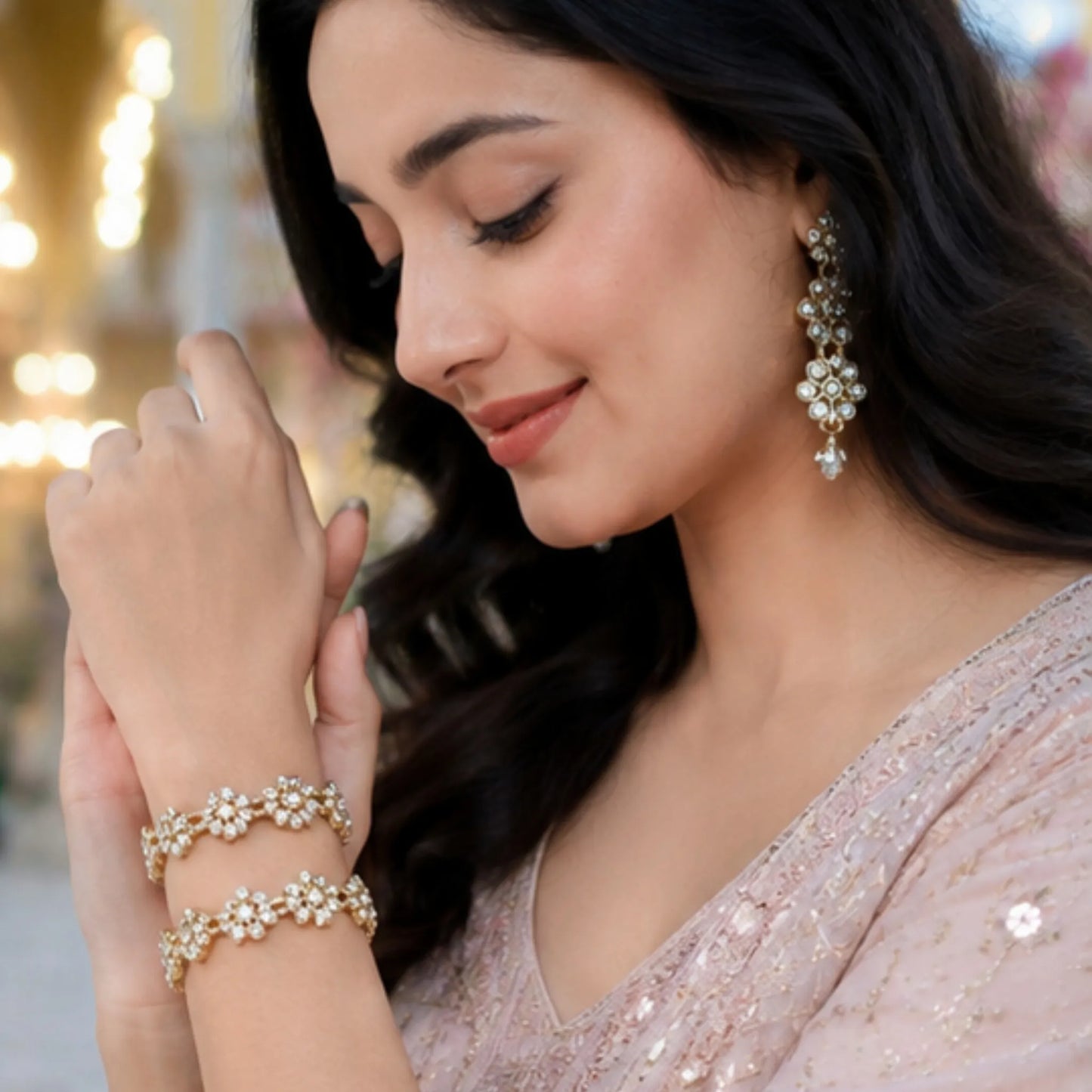 Floral Crystal Jhumka Earrings (Pair) – Elegant Gold-Tone Traditional Wear