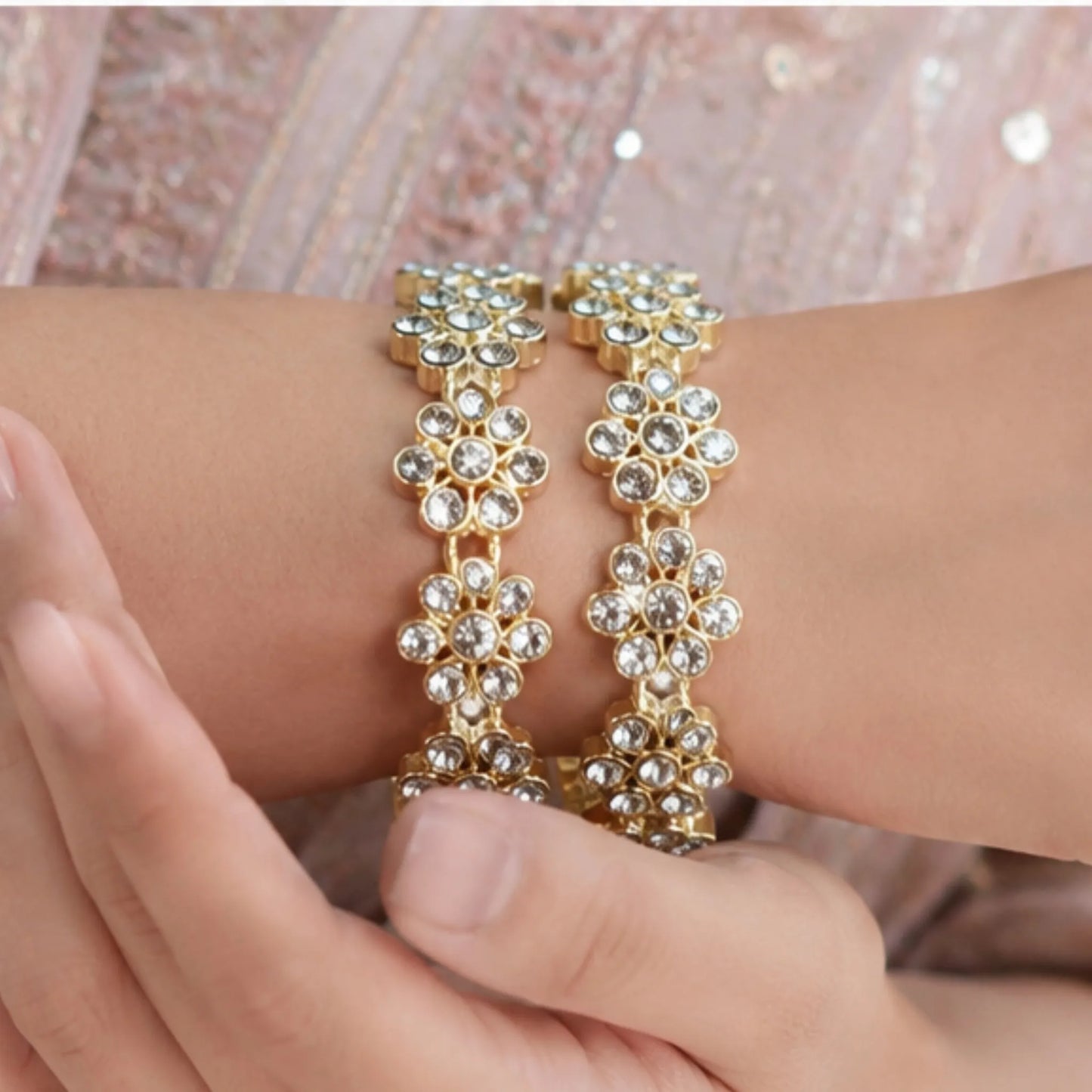 Floral Crystal Jhumka Earrings (Pair) – Elegant Gold-Tone Traditional Wear