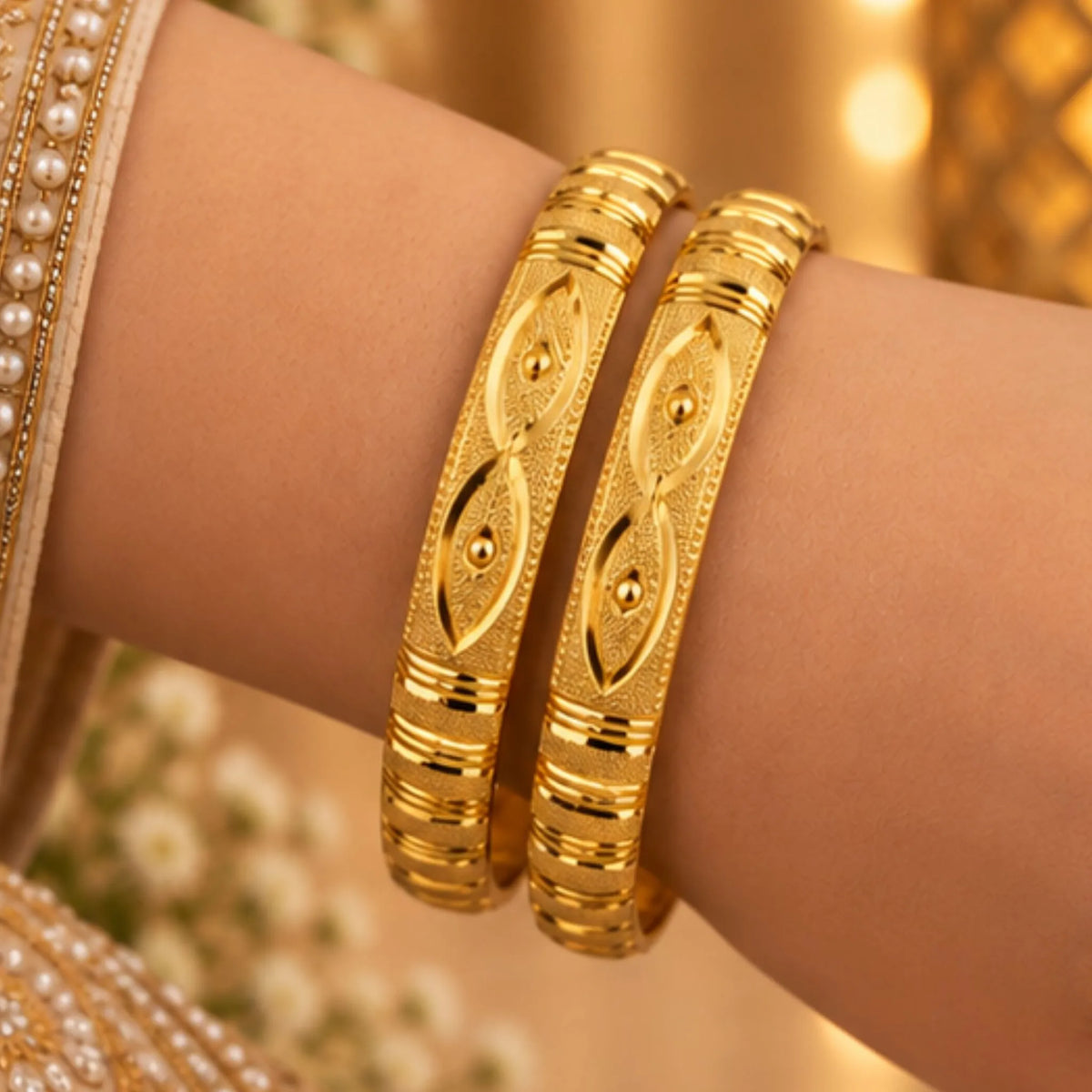 Gold-Tone Leaf Pattern Indian Bangle Pair