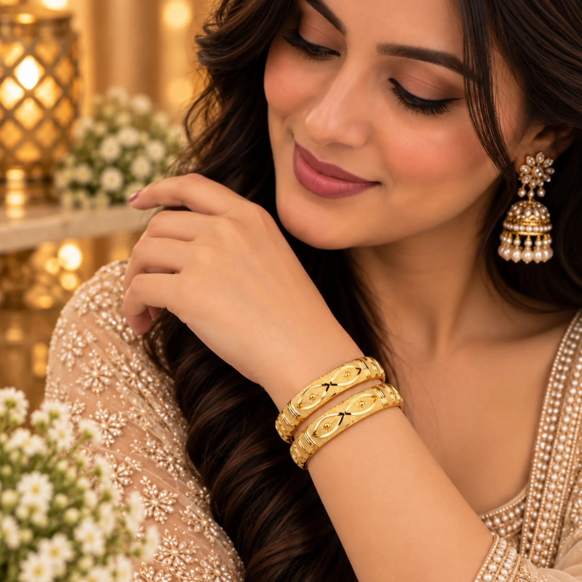 Gold-Tone Leaf Pattern Indian Bangle Pair