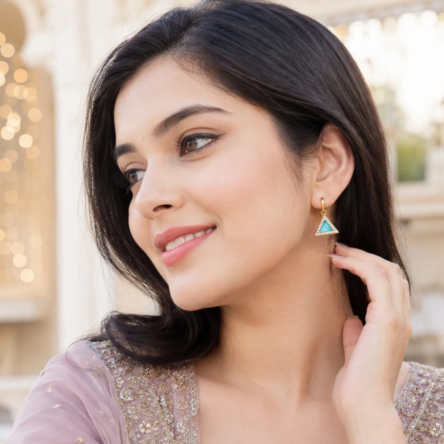 Geometric Triangle Crystal Studs with Textured Gold Frame