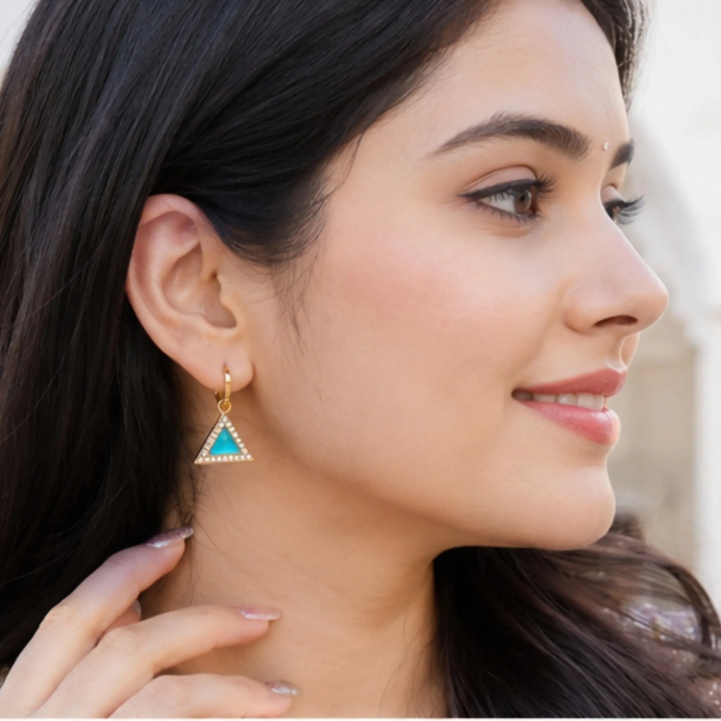 Geometric Triangle Crystal Studs with Textured Gold Frame