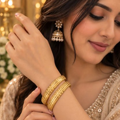 Gold-Tone Textured Grid Design Bangles Set – Elegant Geometric Traditional Indian Jewellery