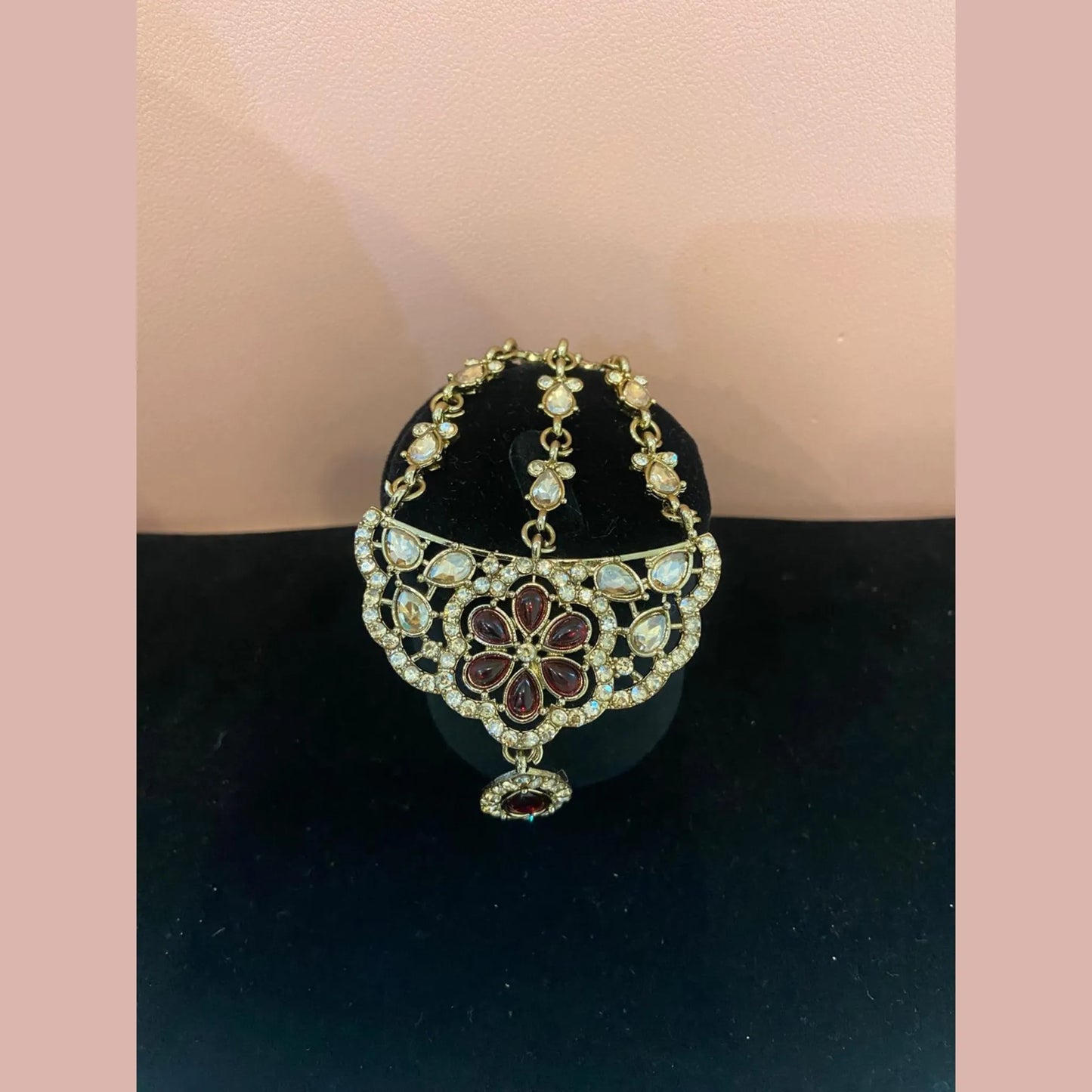 Maroon Stone Bridal Necklace Set with Earrings & Maang Tikka