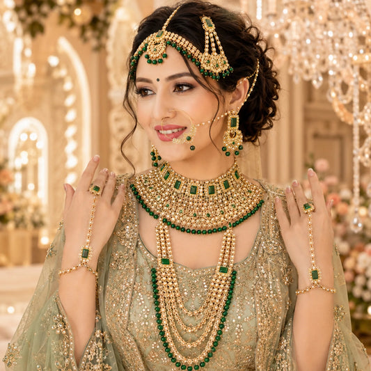 Royal Green Kundan Bridal Set with Layered Haar & Hand Harness – Complete Wedding Jewellery set
