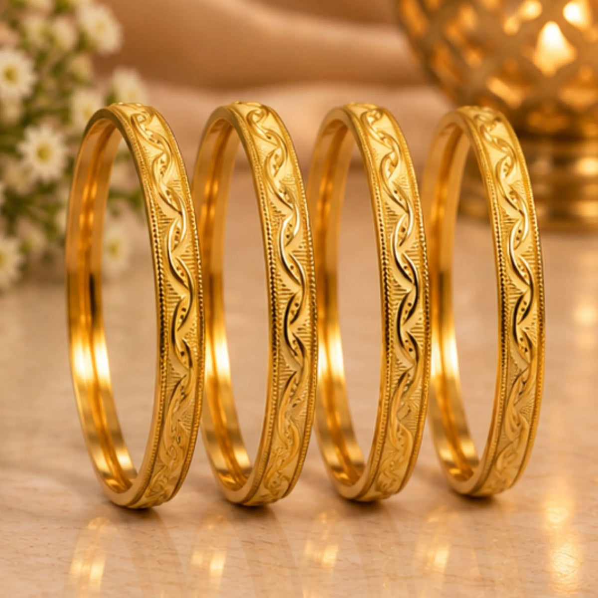 Floral Leaf Gold-Tone Indian Bangle Set