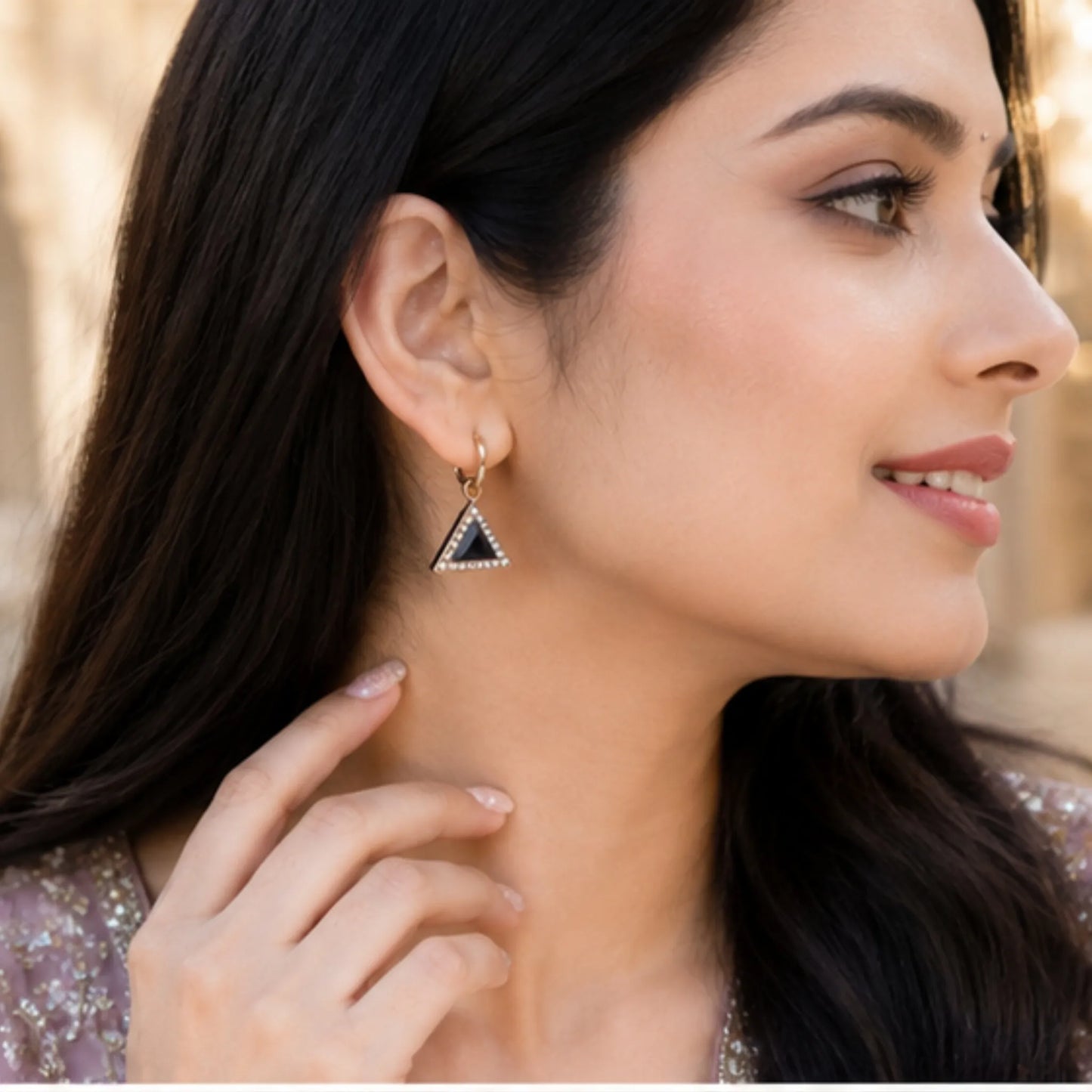 Geometric Triangle Crystal Studs with Textured Gold Frame