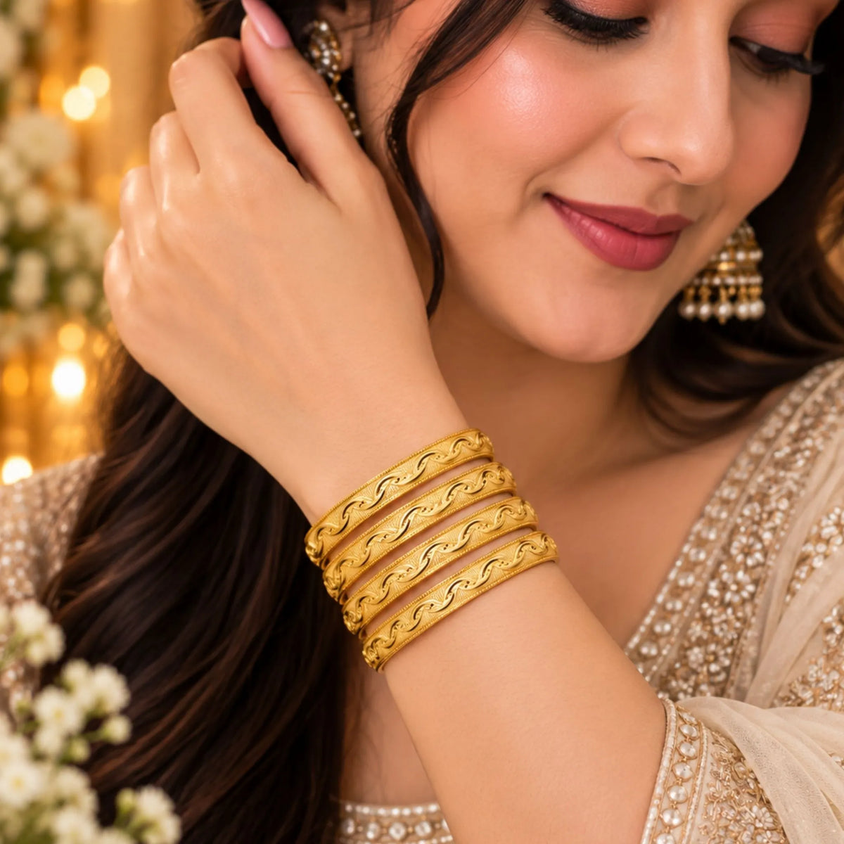 Floral Leaf Gold-Tone Indian Bangle Set