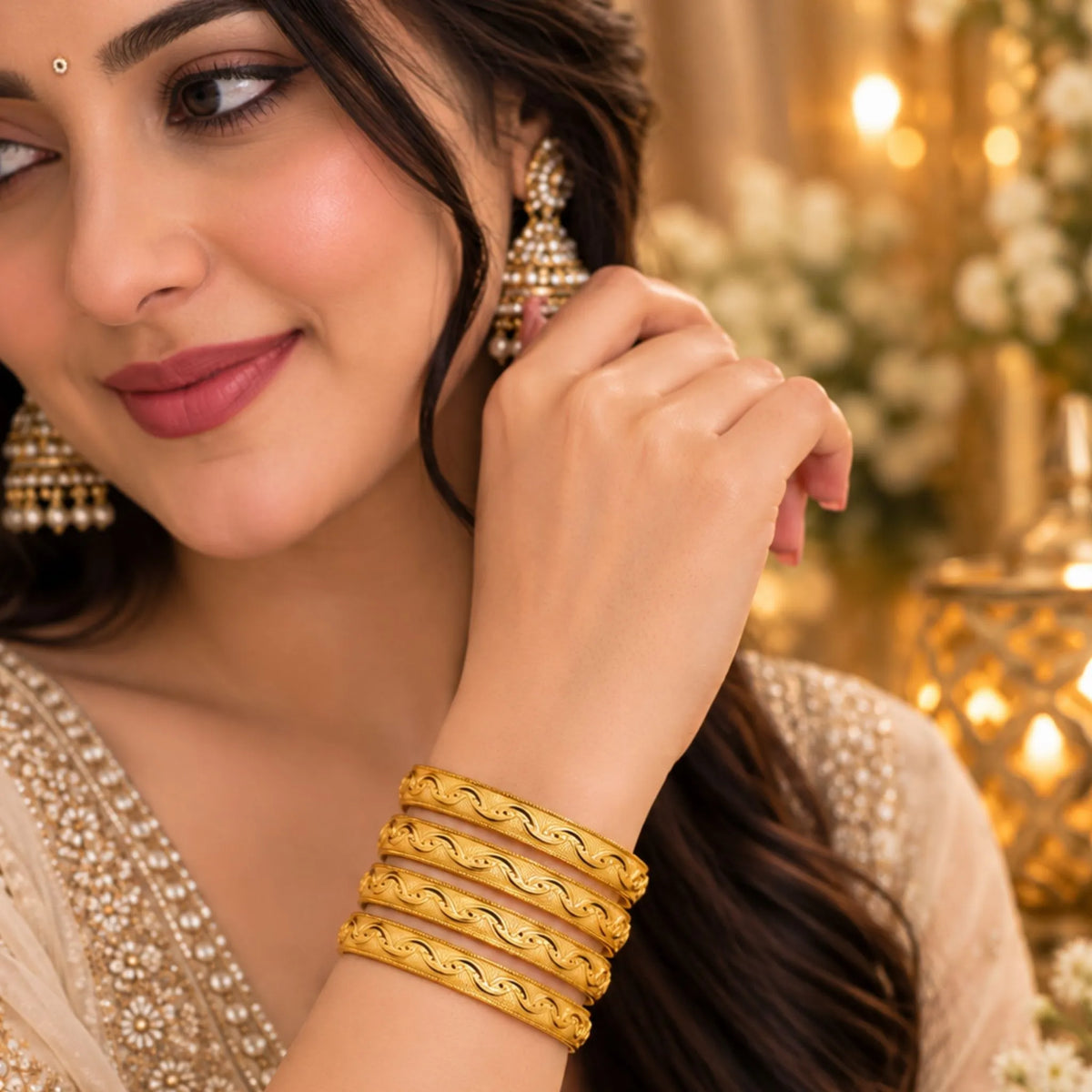 Floral Leaf Gold-Tone Indian Bangle Set