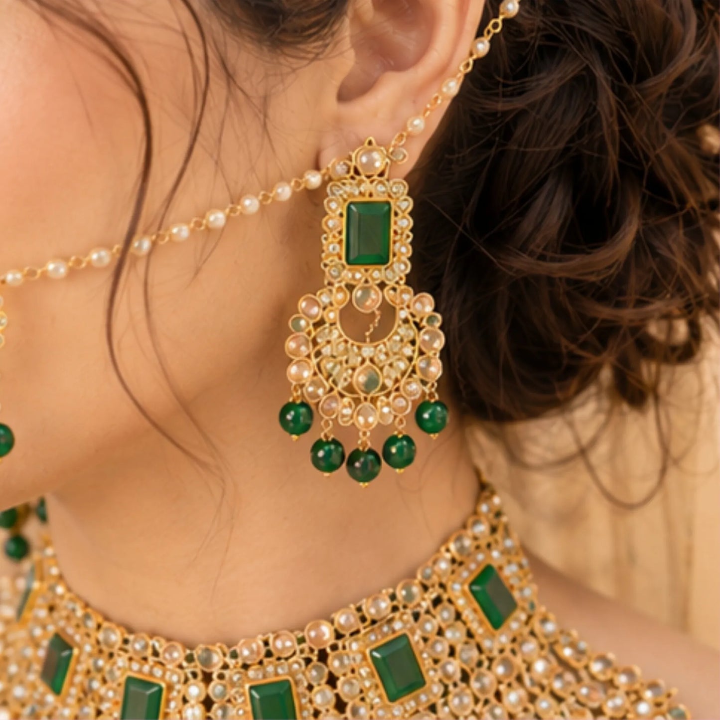 Royal Green Kundan Bridal Set with Layered Haar & Hand Harness – Complete Wedding Jewellery set